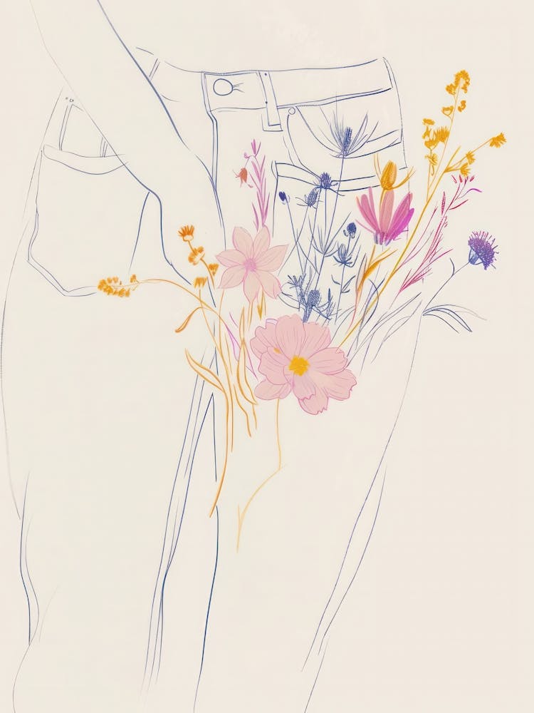 Blue Jeans Line Art Flowers 1