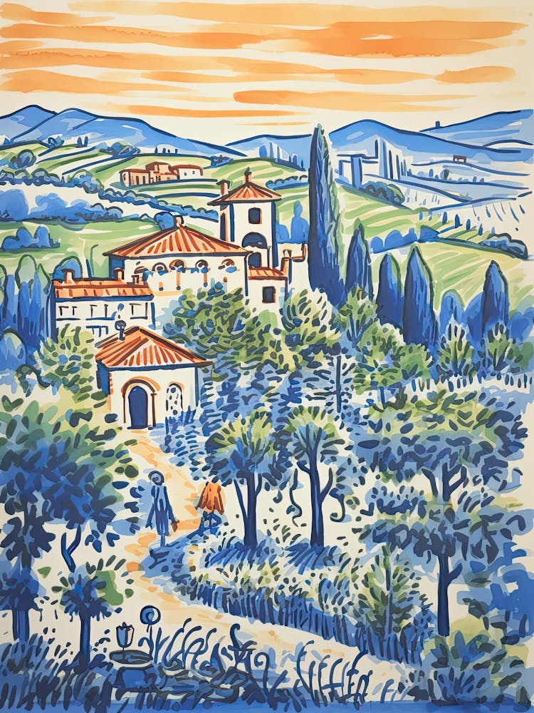 Italy, Tuscany Cute Illustration In Orange And Blue 2