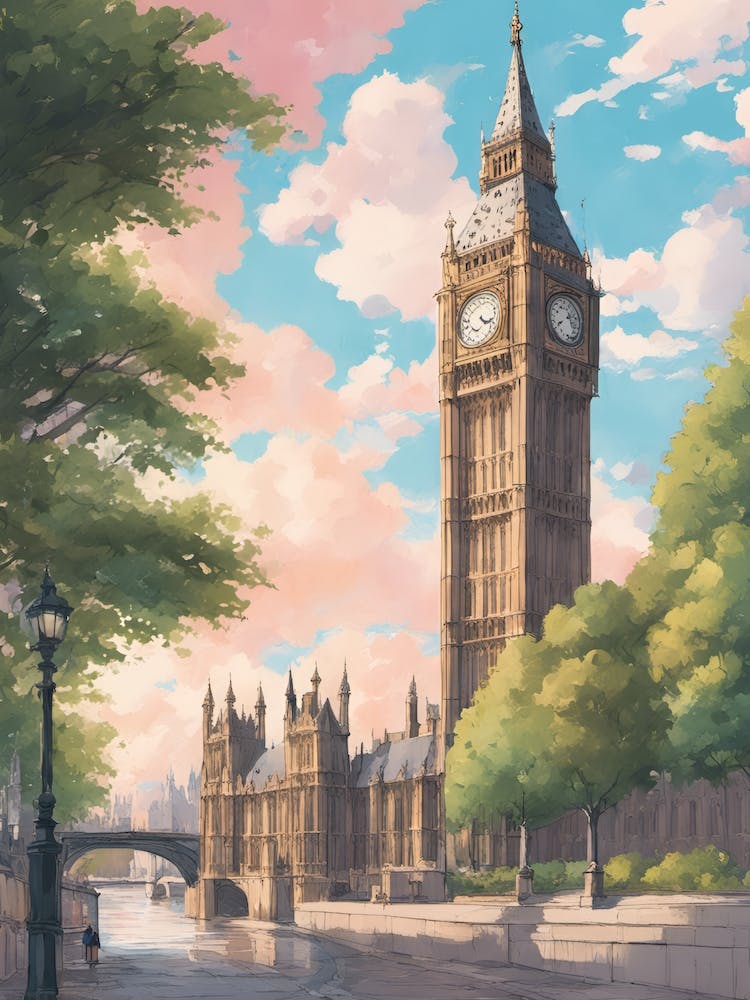 London Big Ben Landmark Ghibli Style Sunny Cool Tones