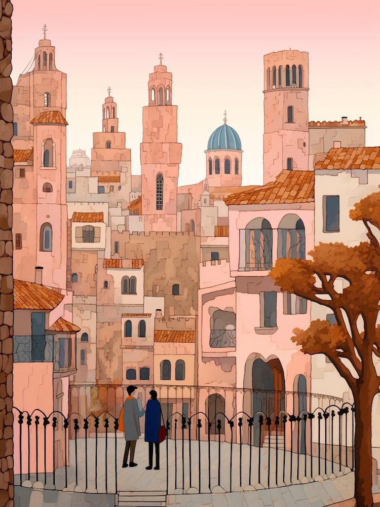 Barcelona Spain 2 Vintage Pink Travel Illustration