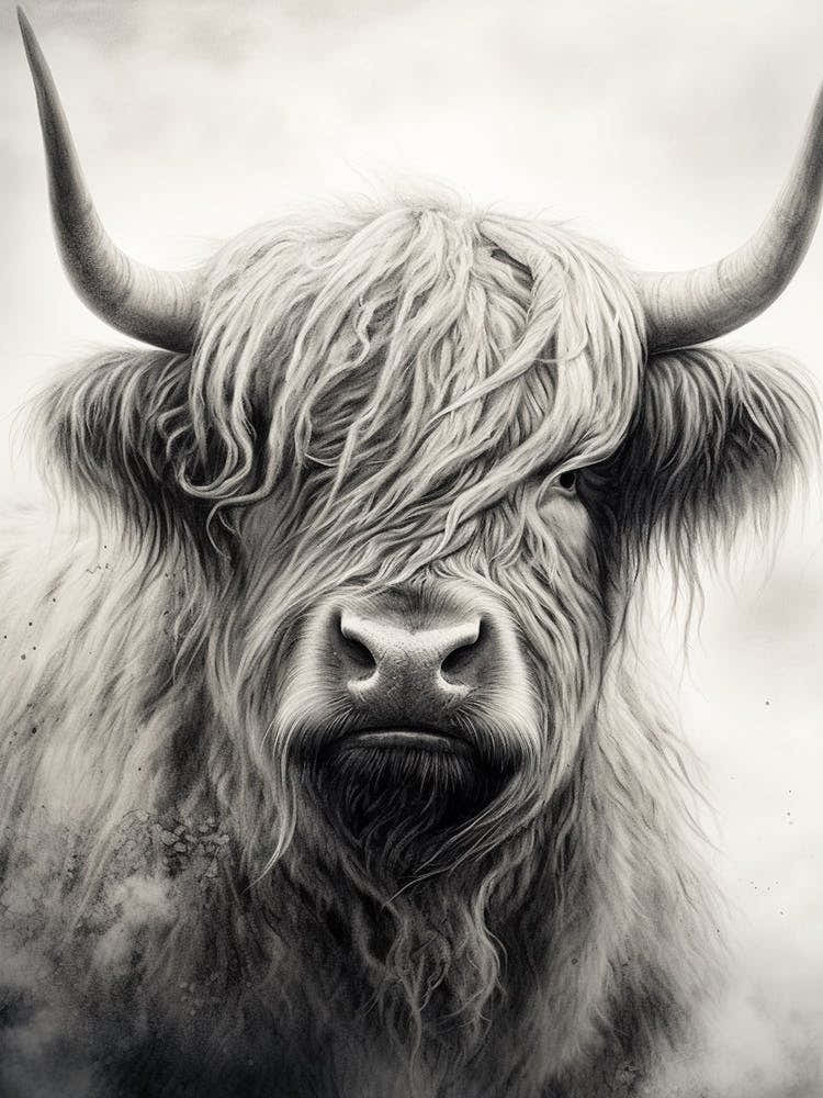 Black & White Stippling Illustration Of Highland Cow 3