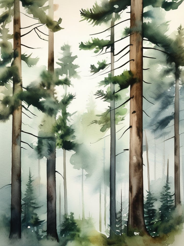 Appalachian Mountains of Misty Pines Watercolor Print of Evergreen Forest..151