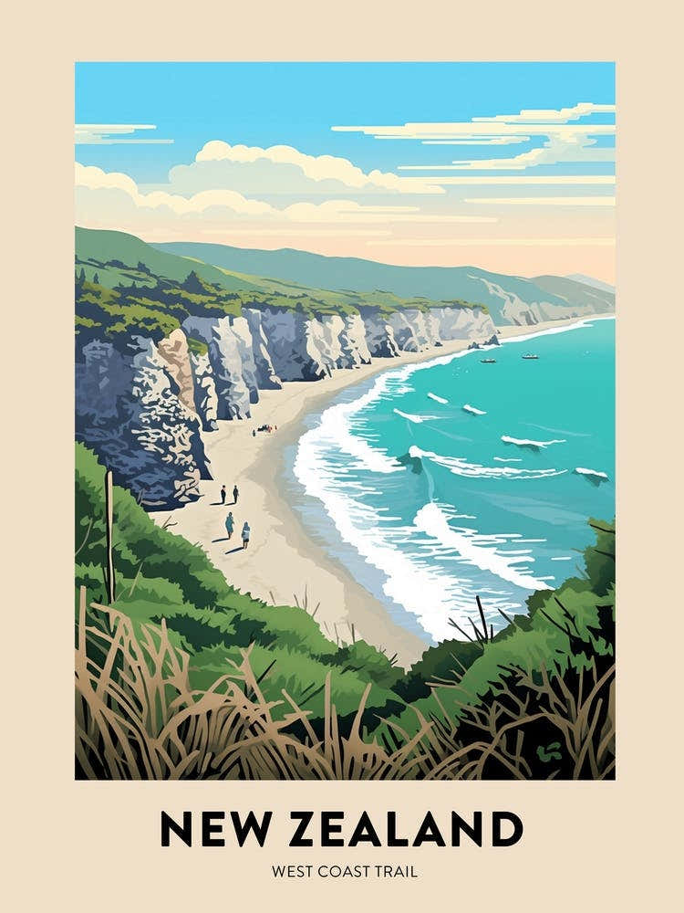 West Coast Trail New Zealand 1 Vintage Hiking Travel Poster