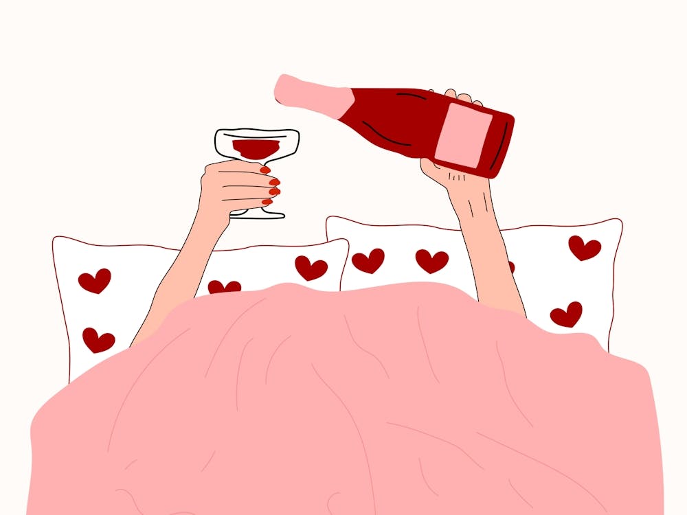 Wine in Bed Pink Bedroom Poster