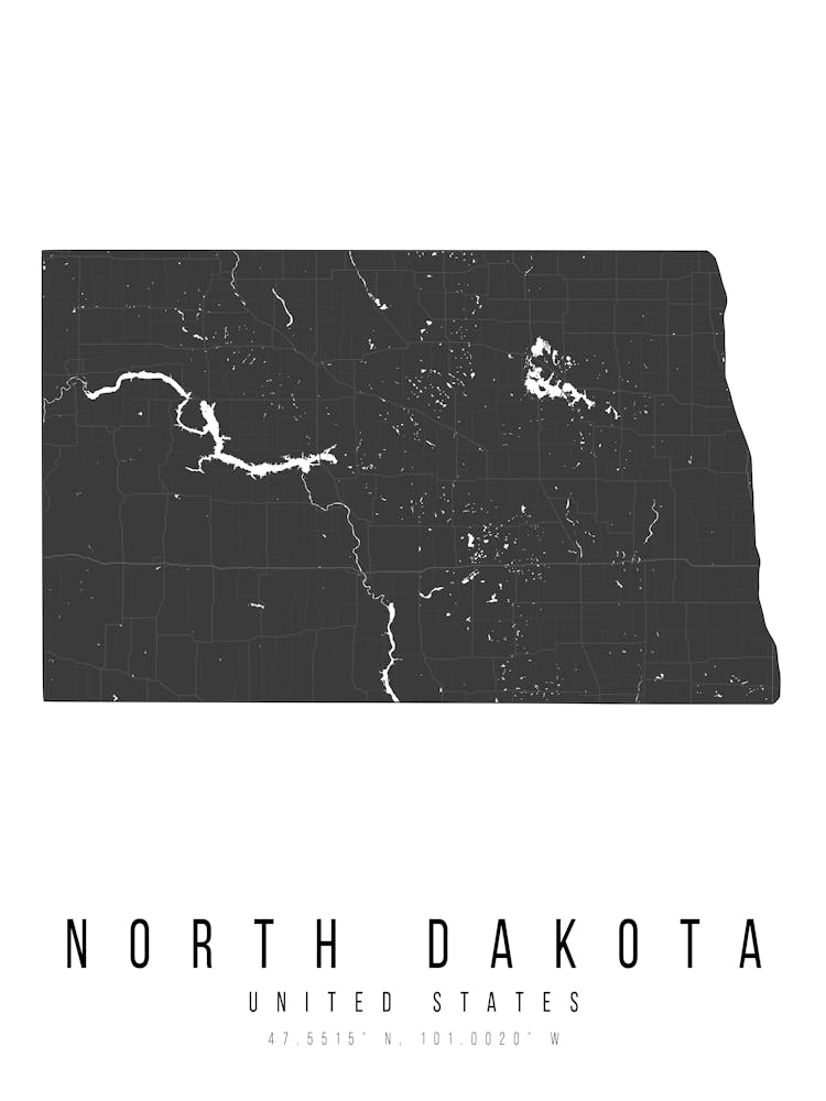 North Dakota Mono Black And White Modern Minimal Street Map