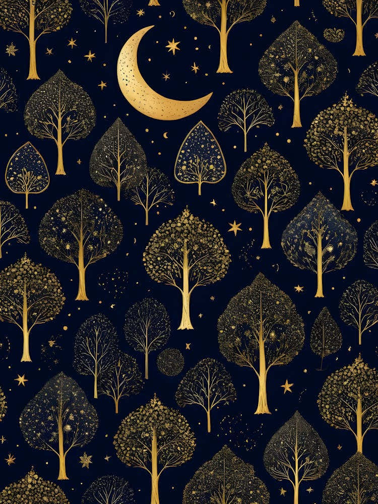Seamless Pattern With Trees And Moon