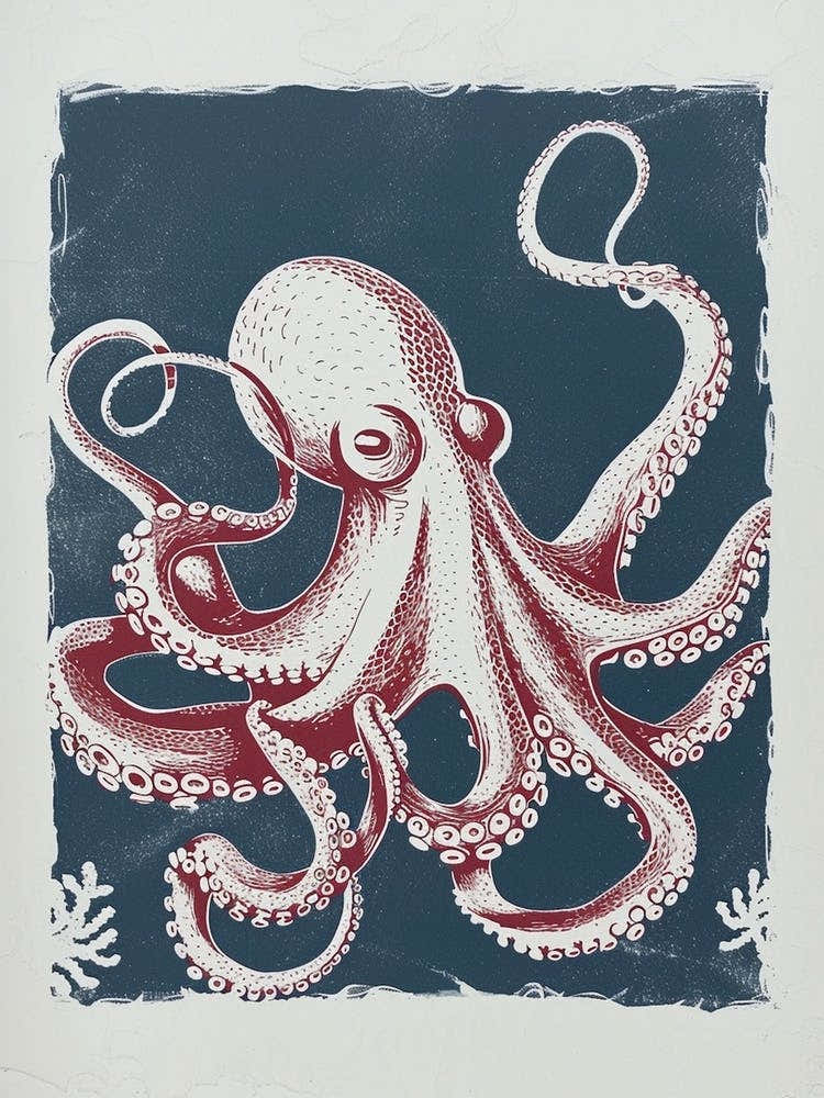 Octopus Swimming Around With Tentacles Red Navy Linocut Inspired 3