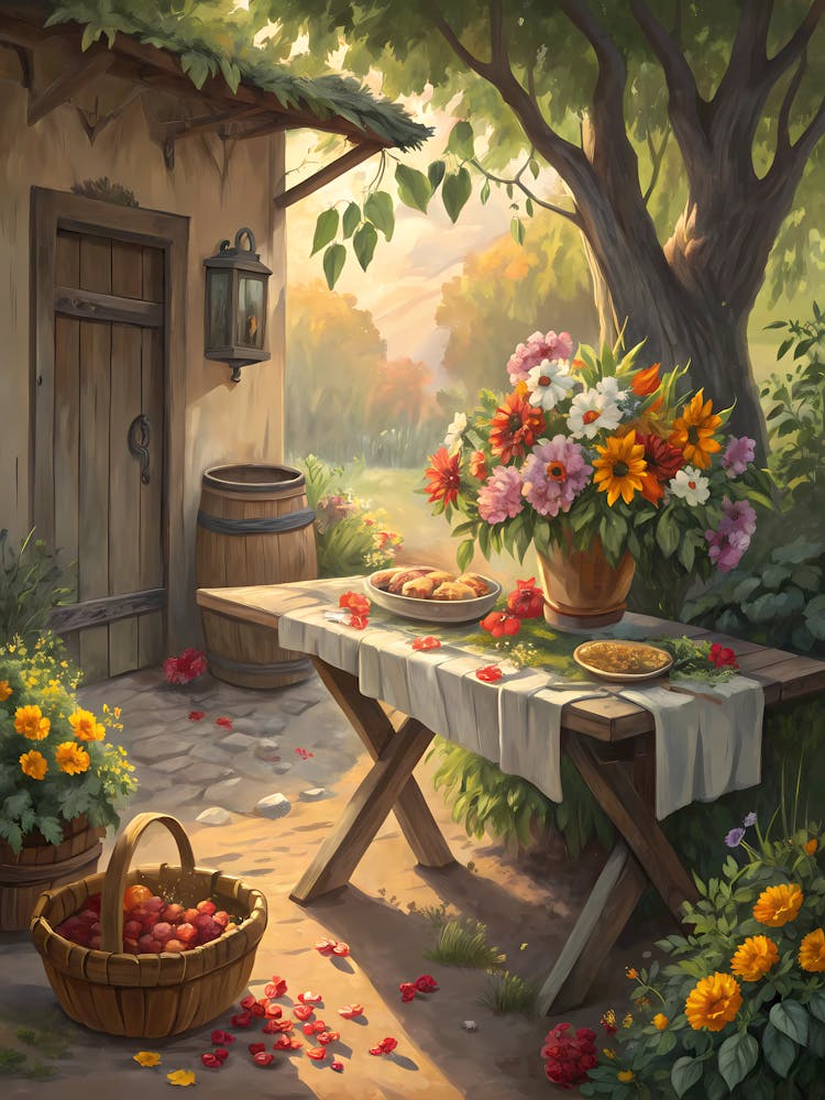 Oil Painting Style Rustic Courtyard Garden Farmhouse Table with Flowers and Fruit