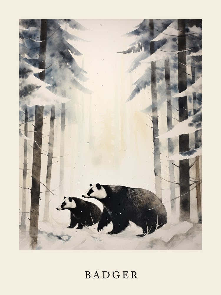 Winter Watercolour Badger 1 Poster