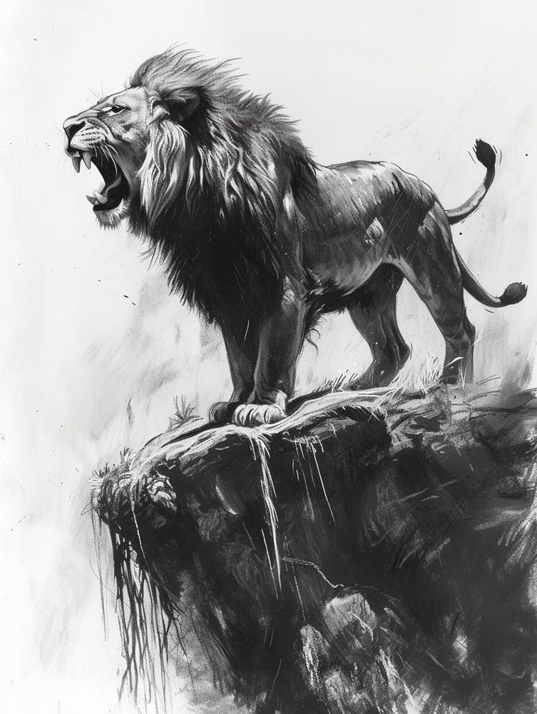 African Lion Charcoal Drawing Roaring On A Cliff 1