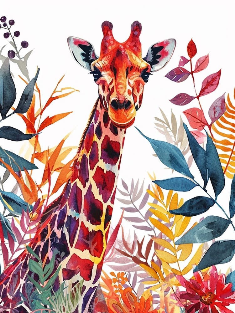 Watercolour Giraffe Head In The Leaves 7