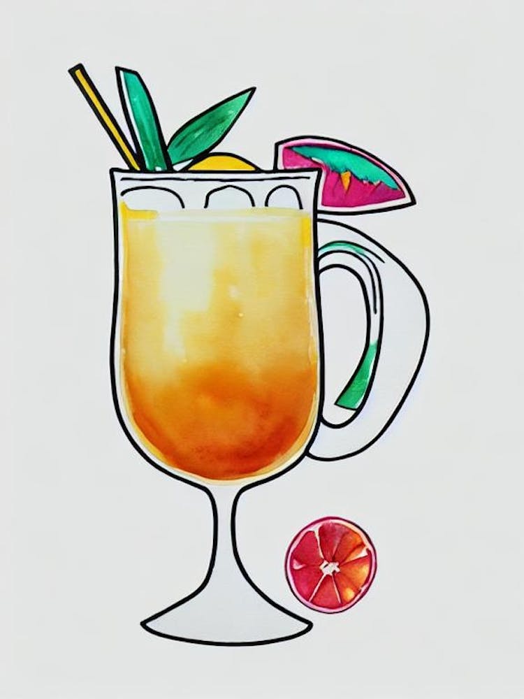 Piña Colada 2 Minimal Line Drawing With Watercolour Cocktail Poster