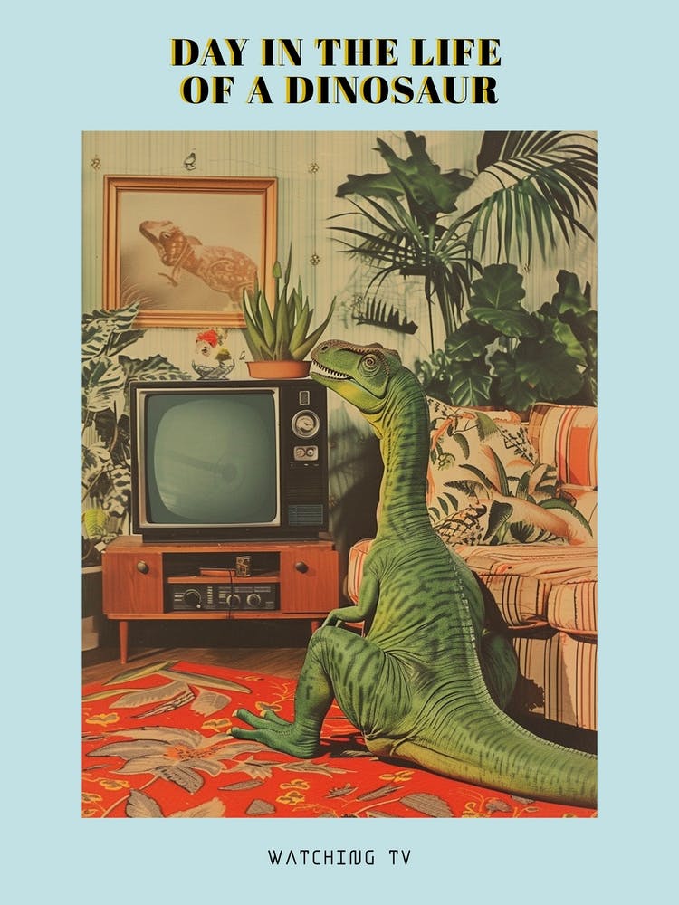 Retro Collage Dinosaur Watching Tv 2 Poster