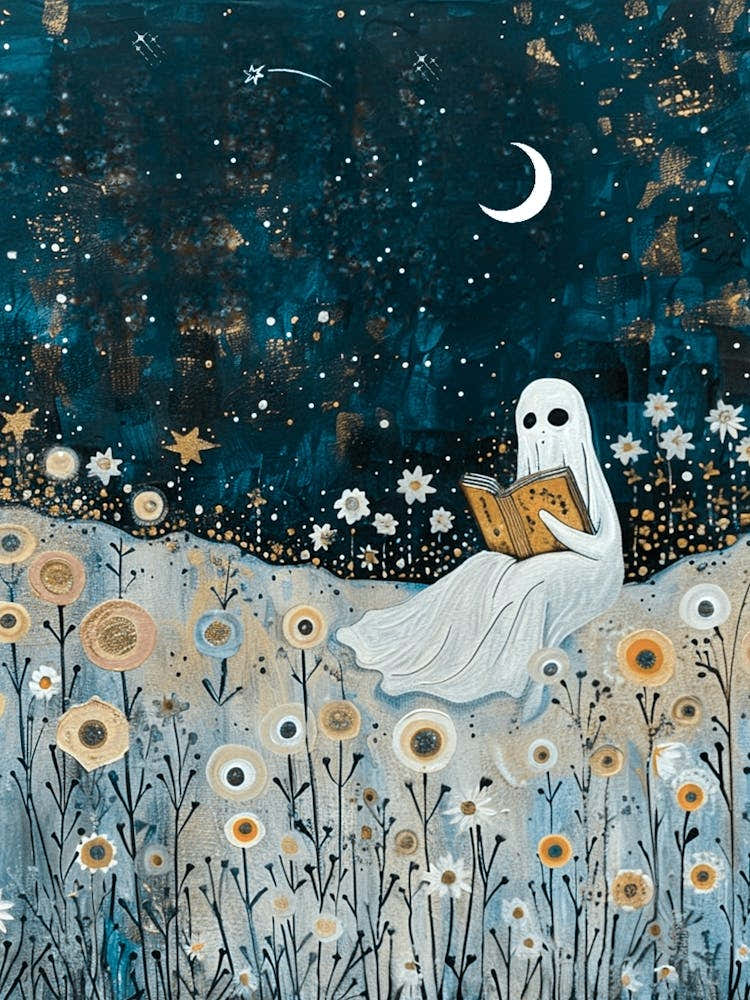 Cute Ghost Reading Under the Moon and Stars Botanical Library Bedroom Book Nook Art | Spooky Beautiful Funny Print Painting Lovely Artwork in HD