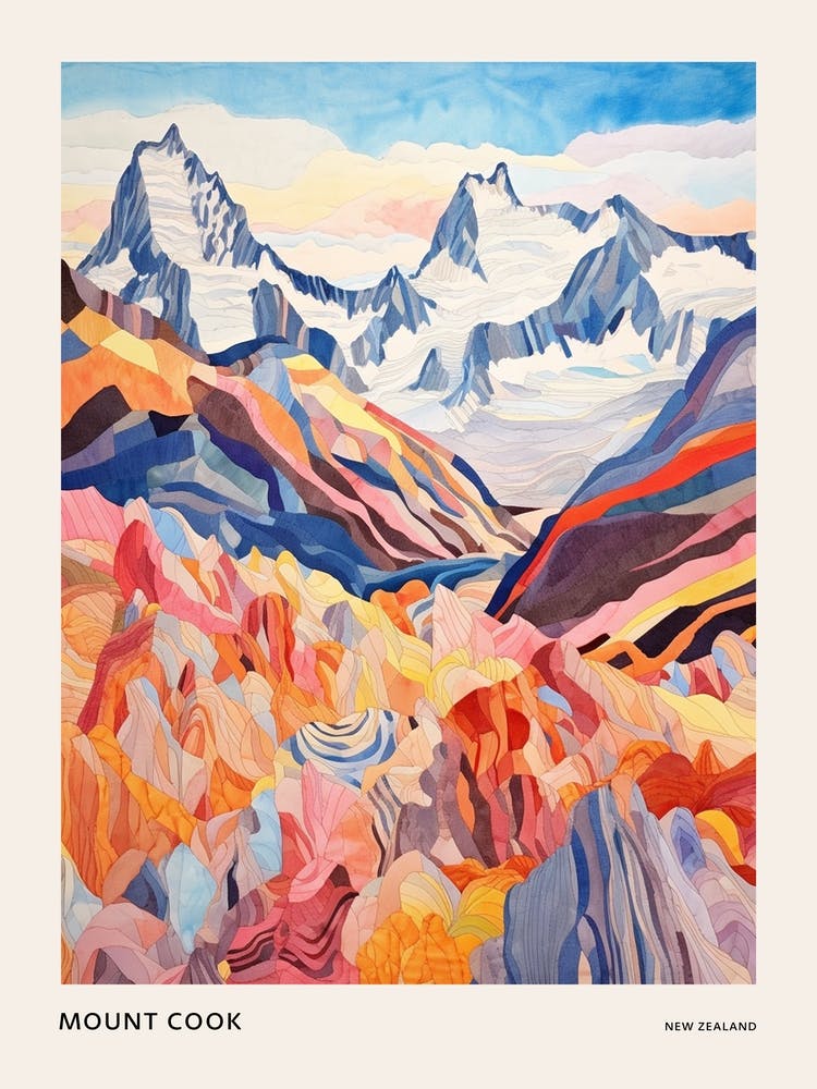 Mount Cook New Zealand 5 Colourful Mountain Illustration Poster