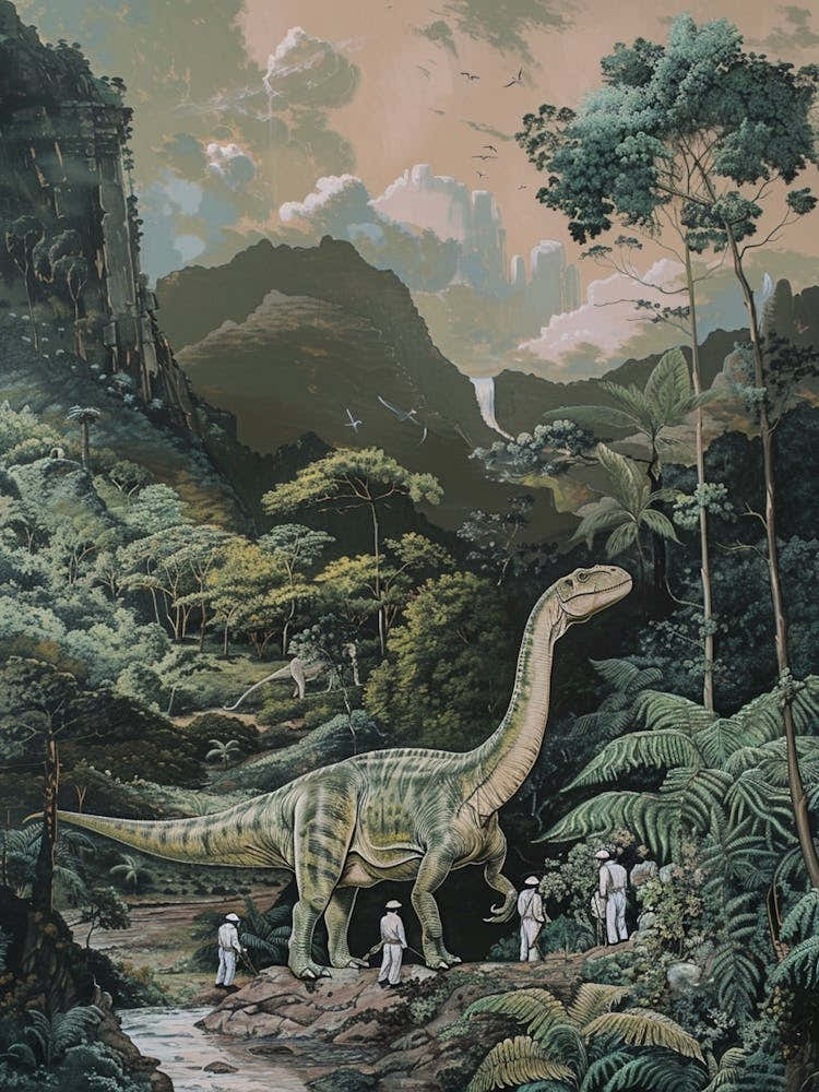 Paleontologists Observing A Dinosaur In The Jungle Painting