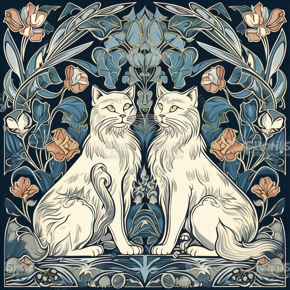William Morris  Inspired  Classic Cats White Cats Teal Blue Square