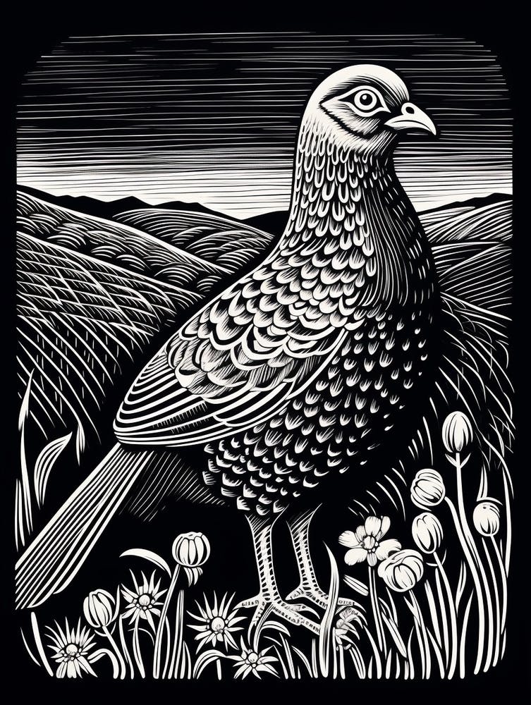 B&W Bird Linocut Grouse 3