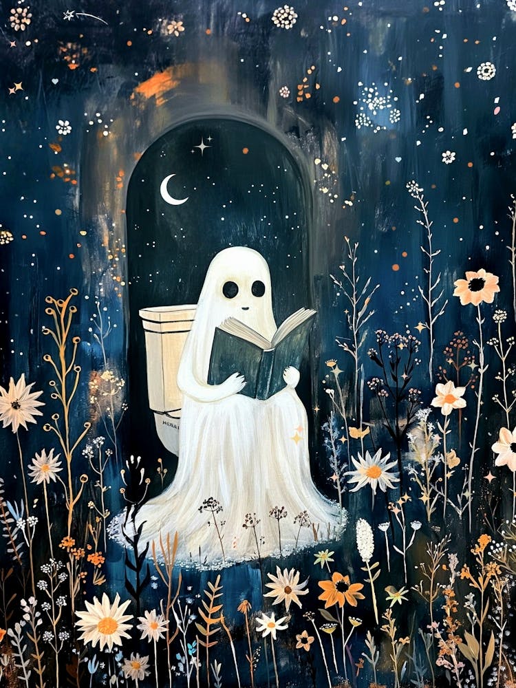 Little Ghost Reading on The Toilet - Bathrooms Moon and Stars Spooky Cute Wall Decor Funny Botanical Witchy
