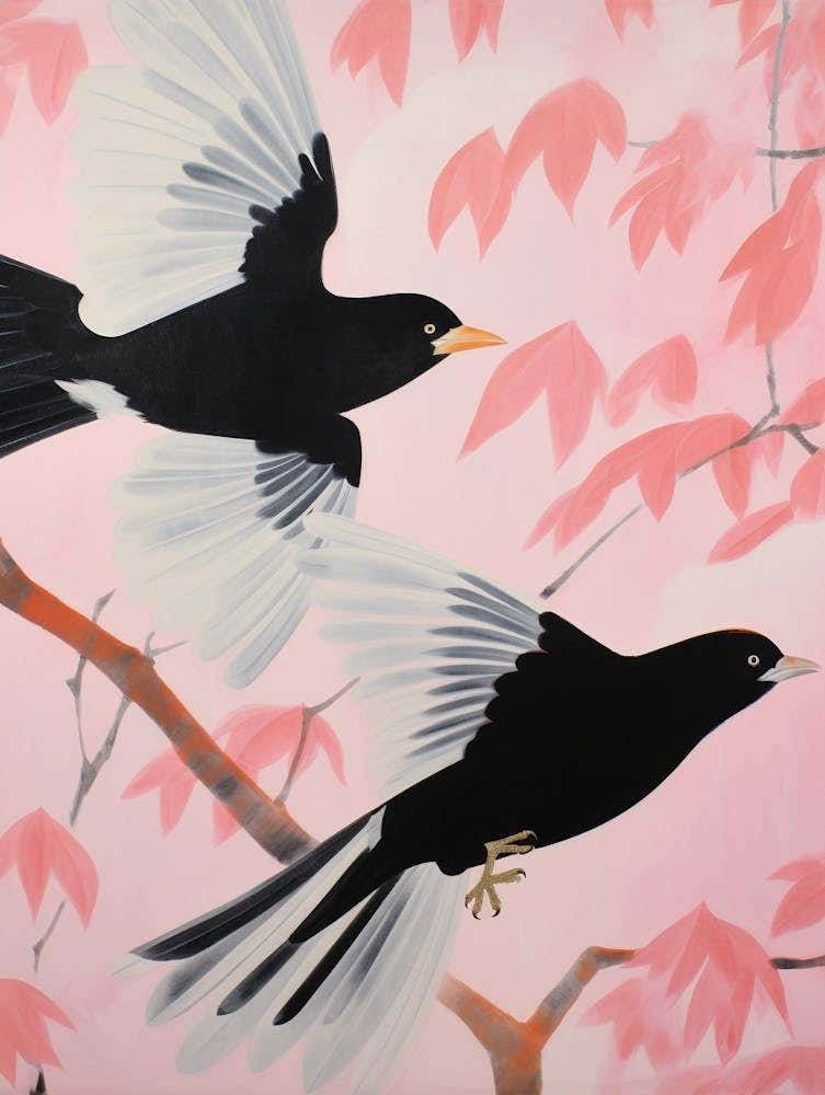 Pink Ethereal Bird Painting Blackbird 1