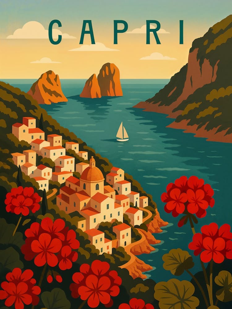 Capri Travel Poster – Colorful Amalfi Coast Island View: A scenic Capri village in full summer bloom – this travel poster shows Italy’s Amalfi charm with sea views, flowers, and colorful houses. Ideal for vacation lovers, romantic getaways, and nature-filled coastal escapes in Southern Europe.