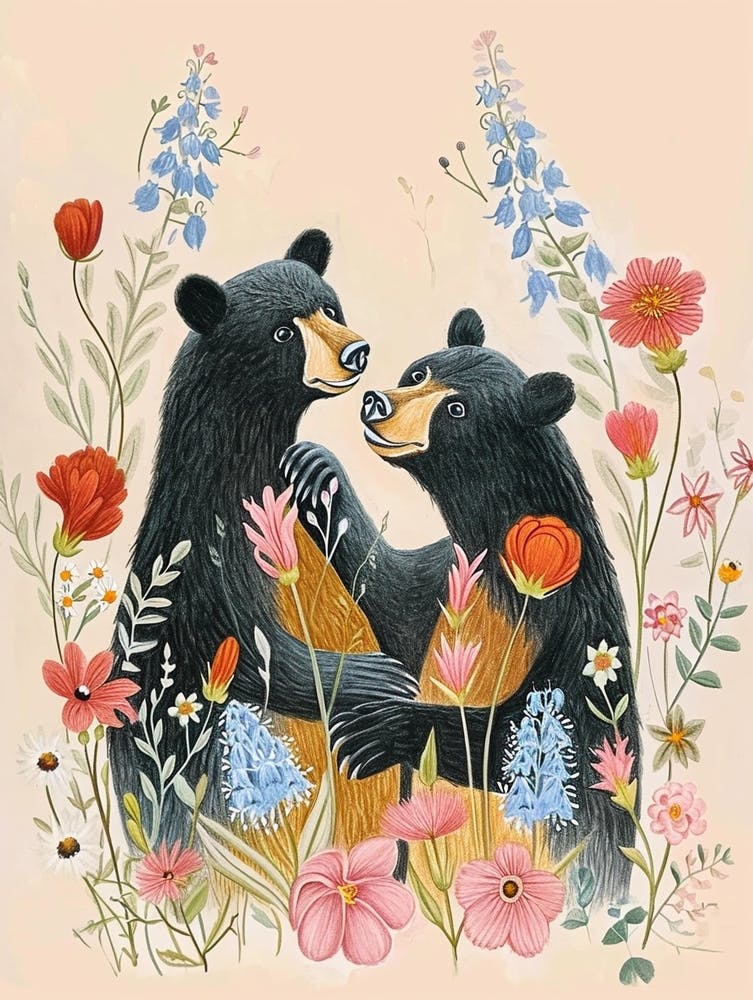 Folksy Floral Animal Drawing Bear 3