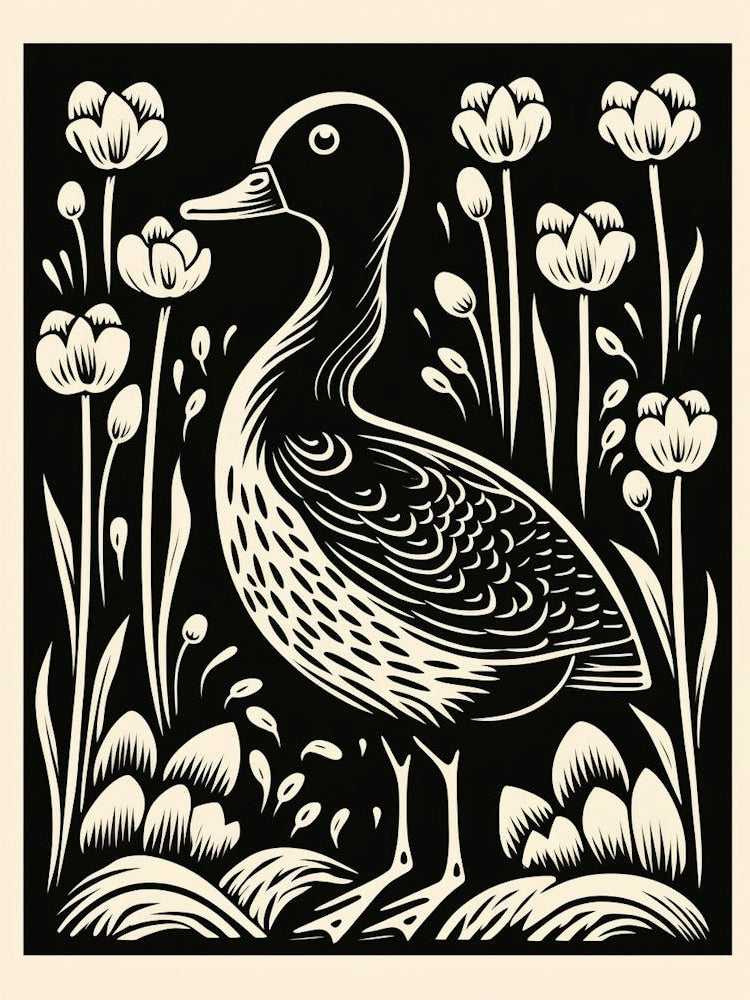 B&W Bird Linocut Duck 2