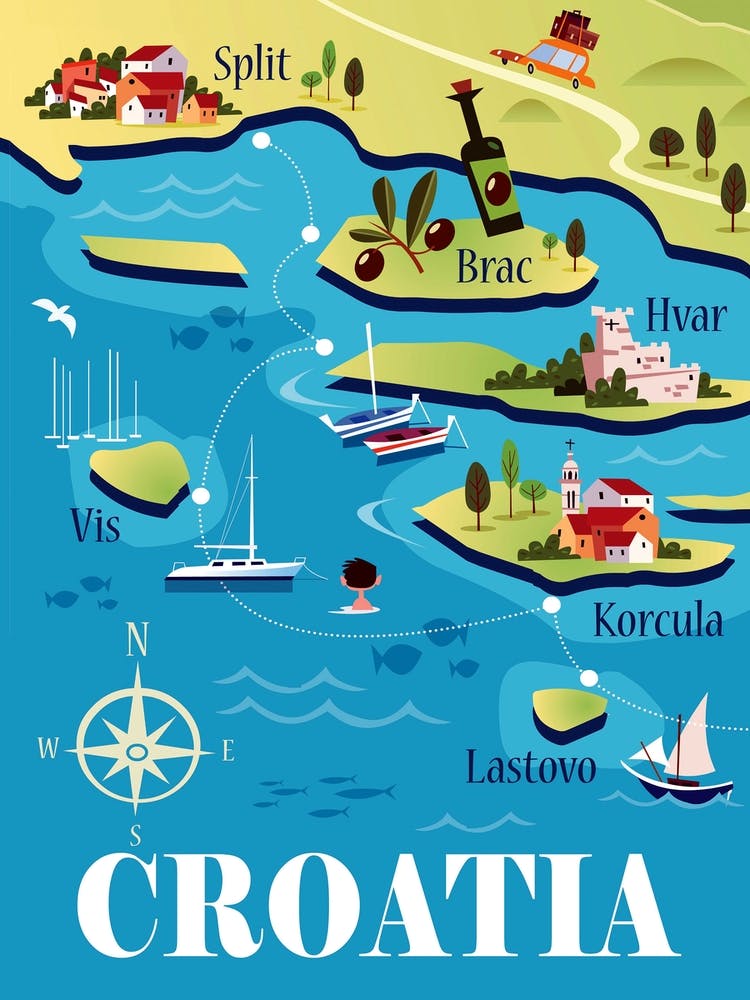 Croatia Illustrated Map Poster Blue & Green