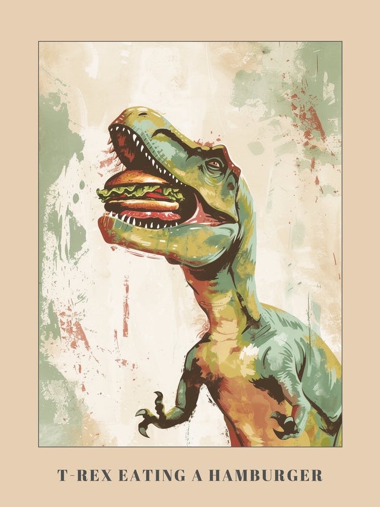 T Rex Eating A Hamburger Teal & Beige Poster