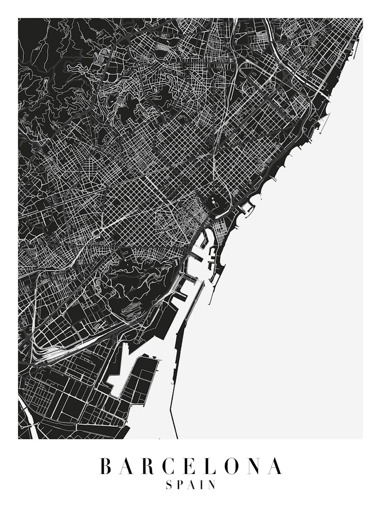 Barcelona Spain Minimal Black Mono Street Map