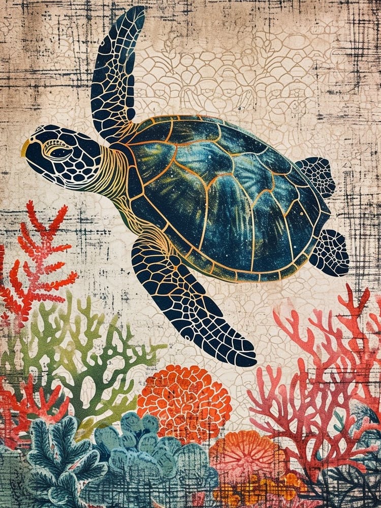 Sea Turtle Coral Textured Collage 4