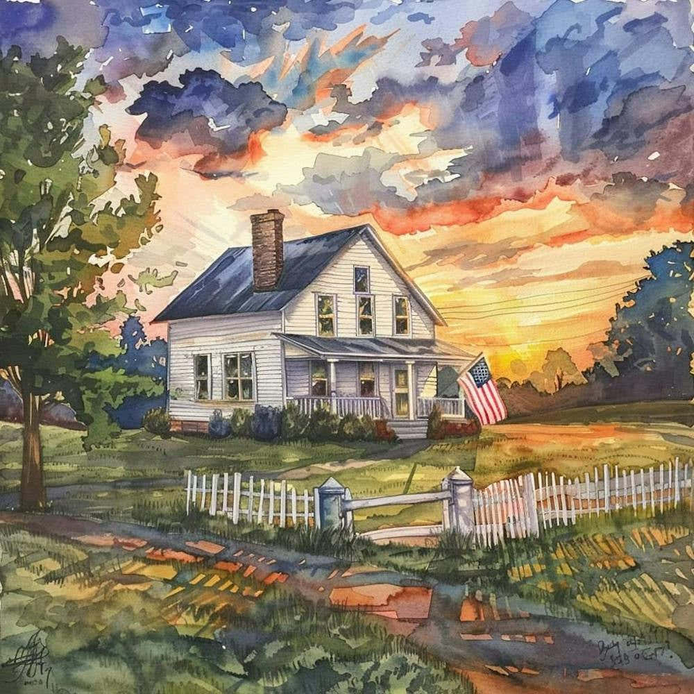 White Farmhouse Watercolor With American Flag and Vibrant Summer Sunset ~ Americana Vintage Wholesome Art Decor | Dreamy Idyllic