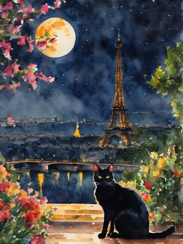 The Black Cat in Paris - Black Cat Travels Series Visiting The Eiffel Tower on a Full Moon Iconic France   Traditional Watercolor Kitty Travels Home and Room Wall Art Cool Decor Klimt and Matisse Inspired Modern Awesome Cool Unique Pagan Witchy Witches Fa