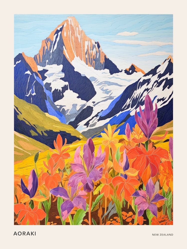 Aoraki New Zealand 4 Colourful Mountain Illustration Poster