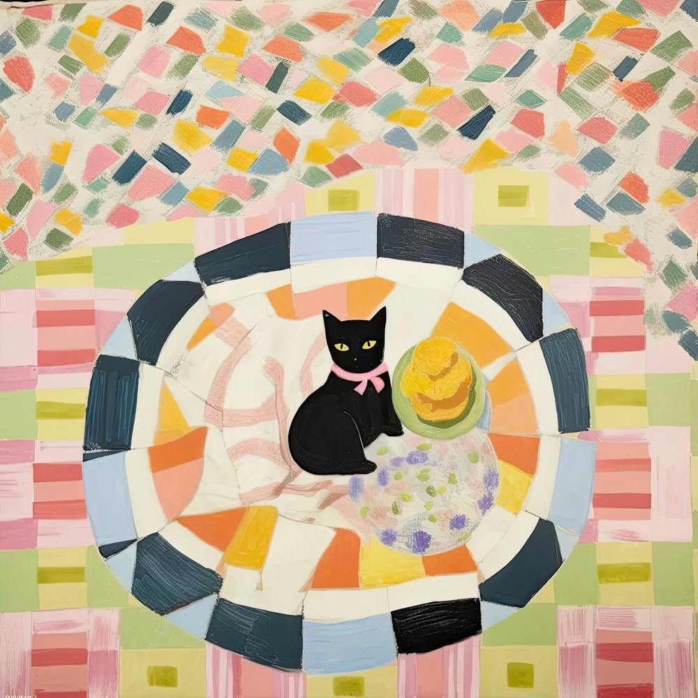 Pastel Colours Black Cat In A Picnic Blanket 3