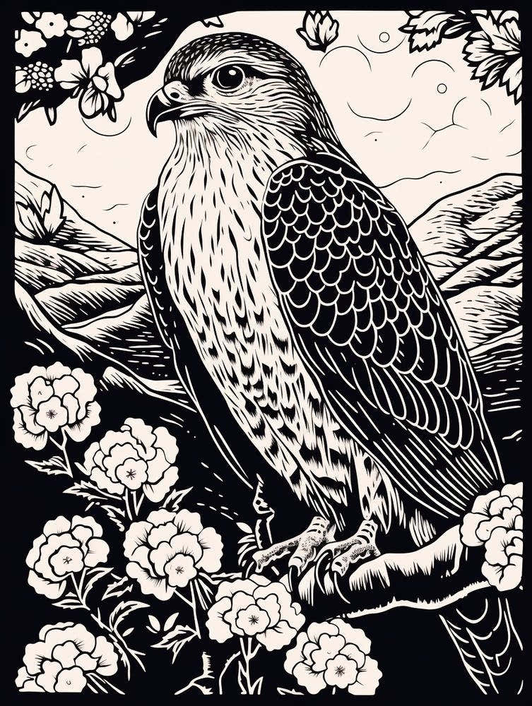 B&W Bird Linocut Red Tailed Hawk 2