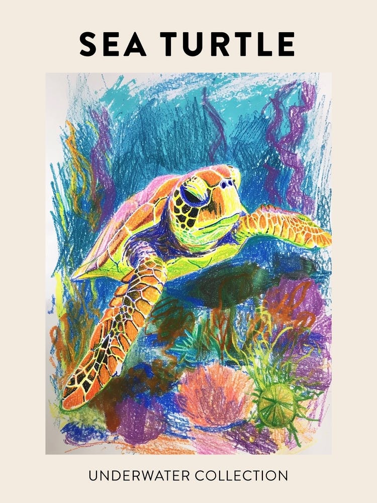 Rainbow Underwater Sea Turtle Crayon Scribble Poster 1