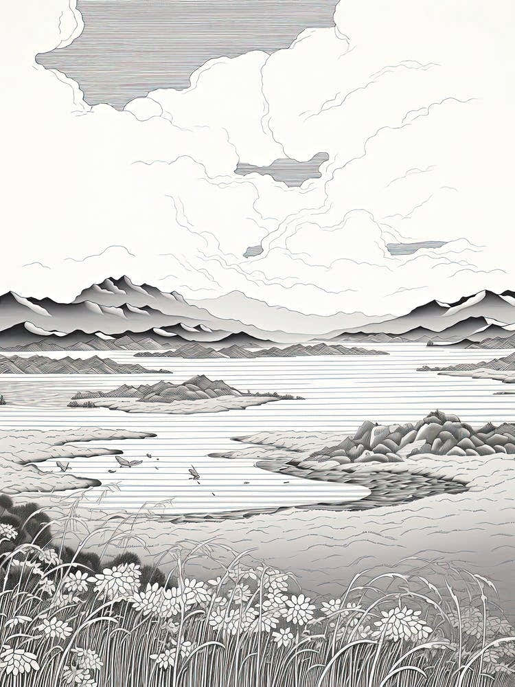 Shiretoko Peninsula In Hokkaido, Ukiyo E Black And White Line Art Drawing 2