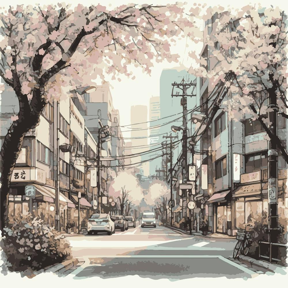 "Sakura Boulevard" | Sakura, Cherry Blossoms, Tokyo, Japan, Artwork, Wall Art, Watercolor, Nature, Aesthetic, Zen, Lofi, Anime