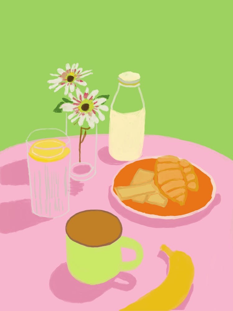Pink and Green Still Life Croissant Coffee Poster