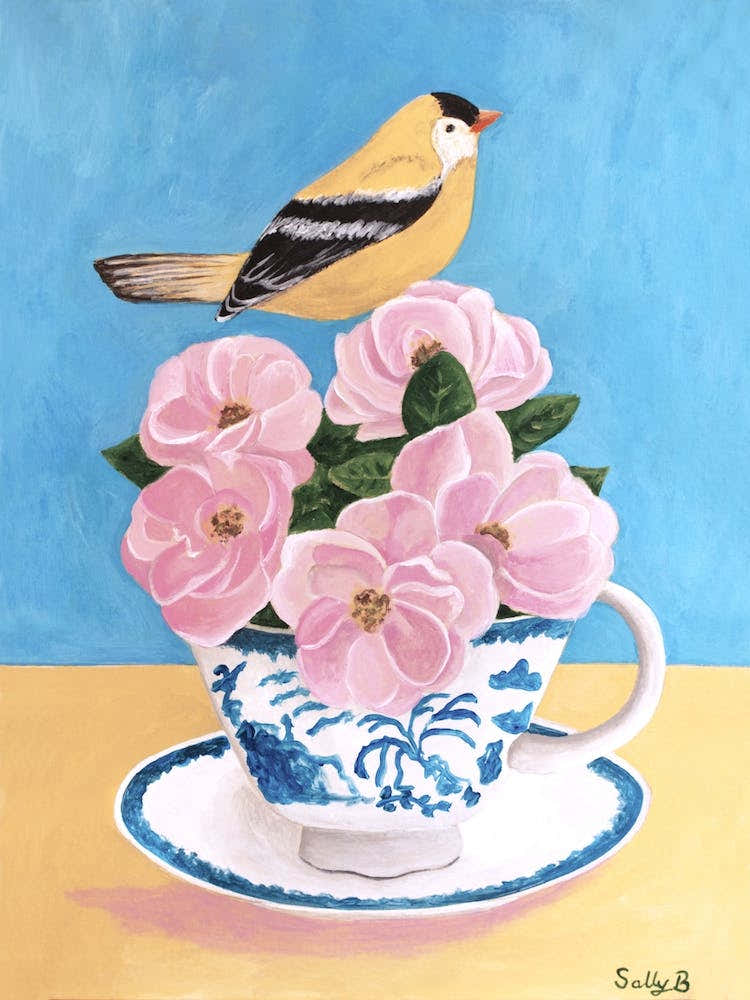 Bird With Pink Flowers And Teacup