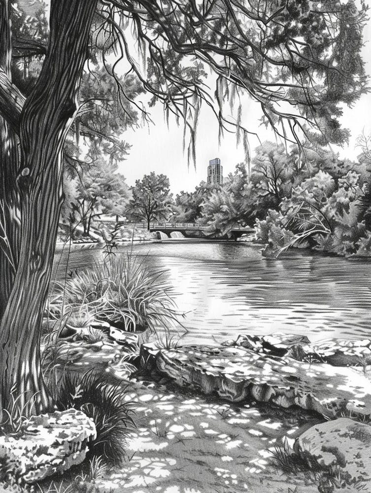 Hamilton Pool Preserve Austin Texas Black And White Drawing 1