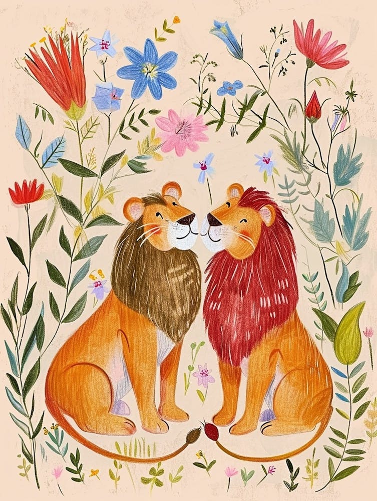 Folksy Floral Animal Drawing Lion 2