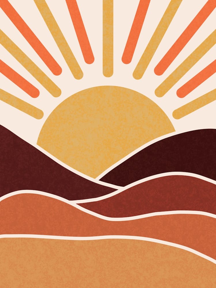 WA240026 - Boho Retro Sunset Landscape - Vibrant Geometric Sun and Hills