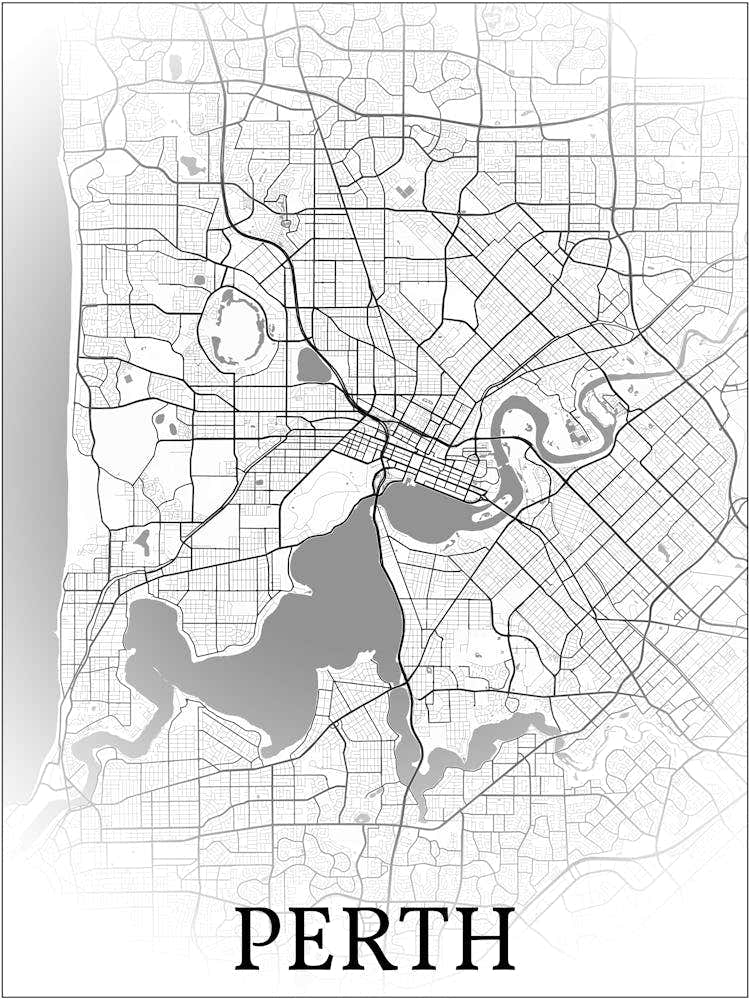 Perth, Western Australia, Australia, City Map, Black And White Fade Design