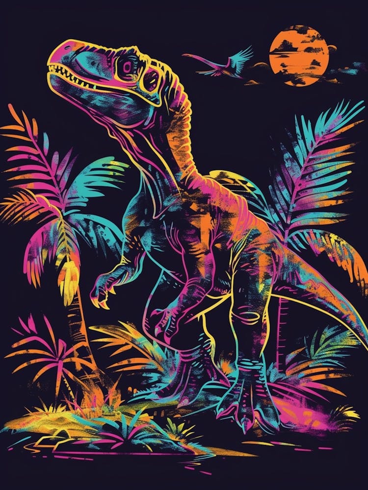 Neon Dinosaur With Palm Trees