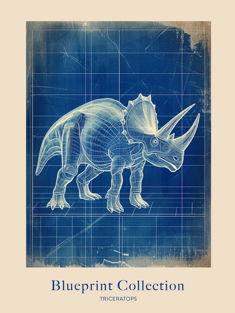 Triceratops Dinosaur Blue Print Sketch 1 Poster