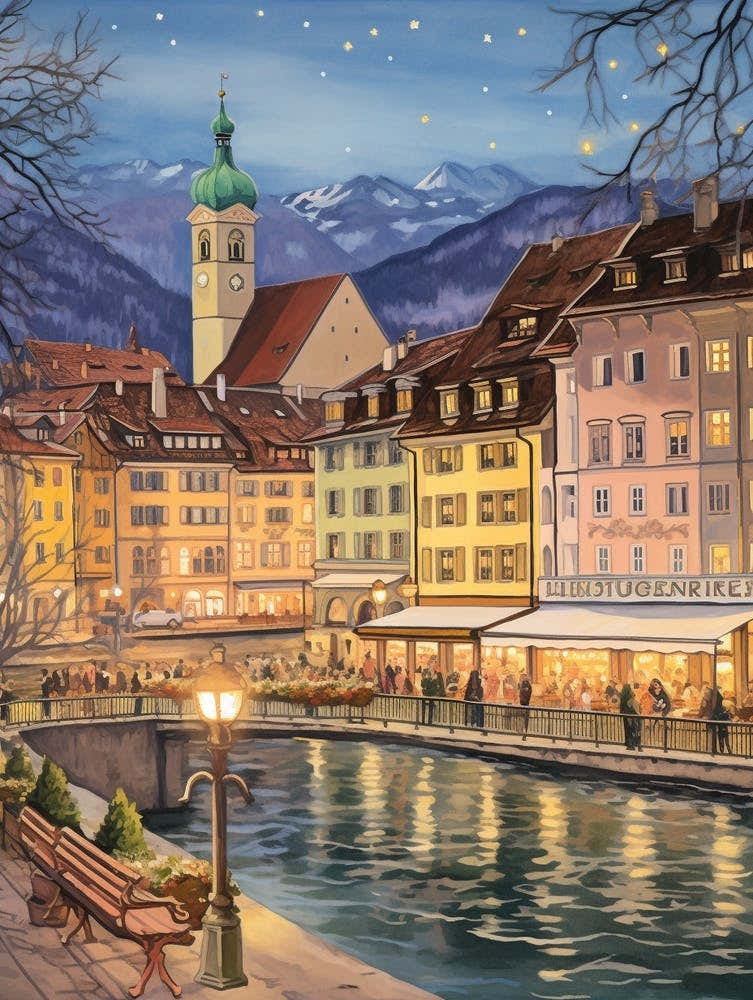 Vintage Winter Illustration Lucerne Switzerland 5