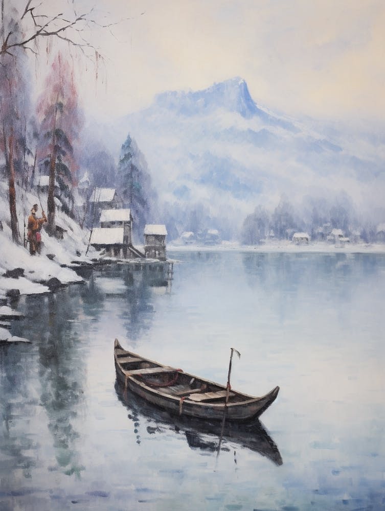 Vintage Winter Painting Lake Bled Slovenia