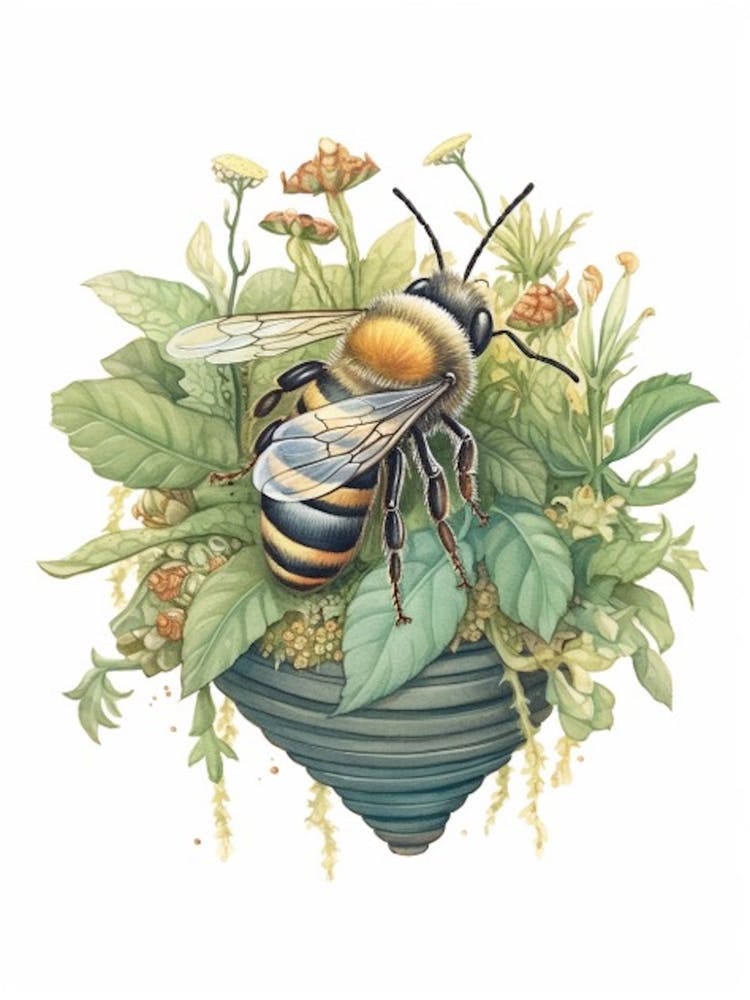 Tree Bumble Bee Beehive Watercolour Illustration 1
